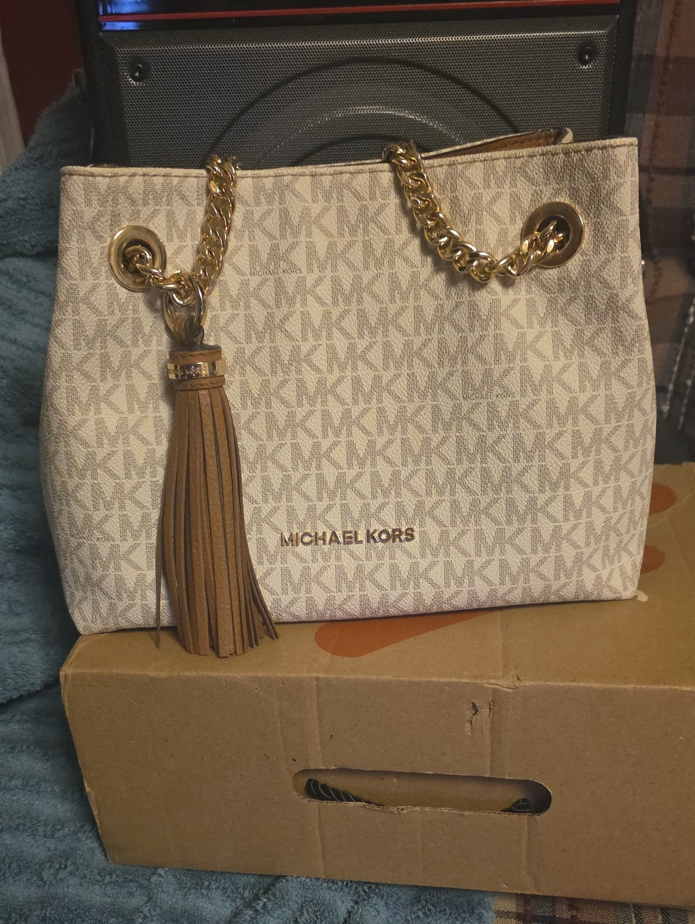 Michael Kors Beige Logo Shoulder Bag with Gold Chain and Tan Tassel